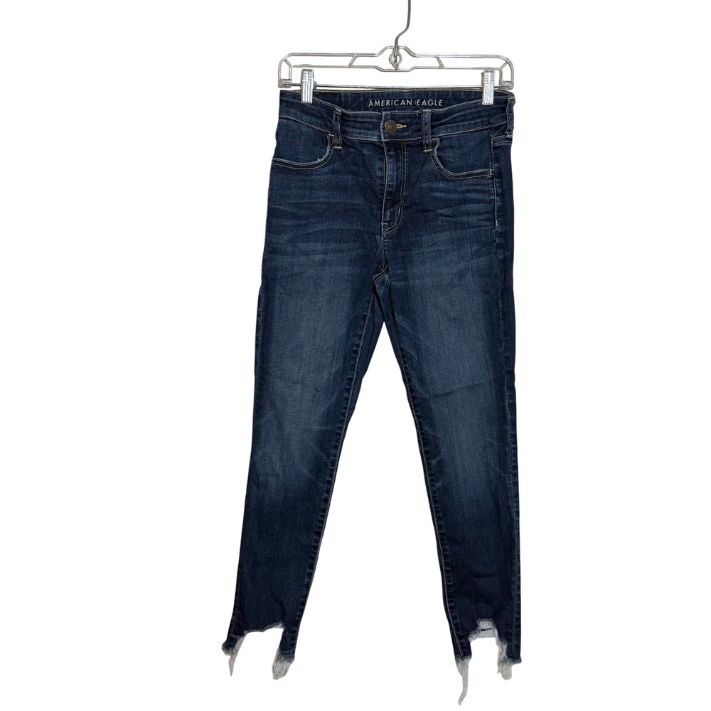 American Eagle Mid Rise Jegging Jeans Dark  Distressed Step Hem Size 8 Regular